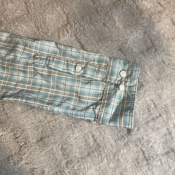 Mens Duluth Trading Co Nylon Blend Vented Hiking Shirt Aqua Plaid Size Large - Picture 10 of 16